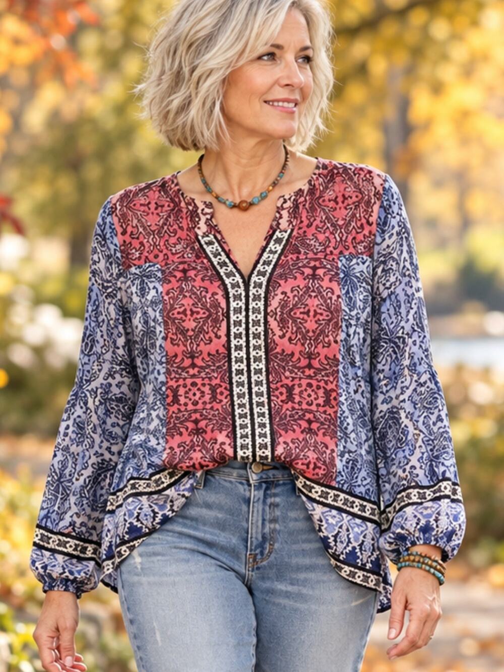 Lucky Brand Red Blue Paisley Patchwork Peasant Blouse L